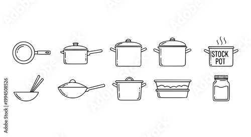 Minimal black and white cookware icons set with frying pan saucepan pots and kitchen containers vector design