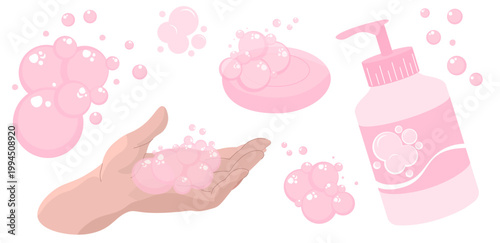 Clean flat illustration set of pink hand soap, sudsy bubbles, and a washing hand, ideal for hygiene infographics, skincare branding, and bathroom themes. Bubbles, soap bar, liquid soap and foam.