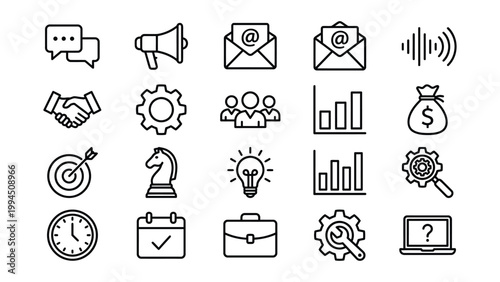 Set of hand-drawn business and marketing icons with speech bubble sound wave bar chart money bag light bulb magnifying glass question mark business marketing illustration communication