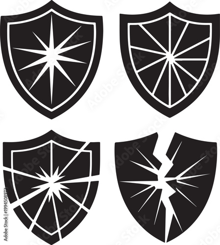 Broken Shield Silhouette Set, Cracked Protection Symbol Collection, Damage and Security Failure Concept Icons