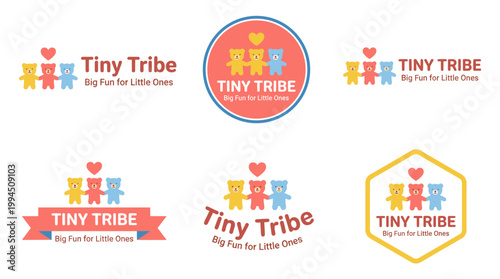 Tiny Tribe logo collection: three bears holding hands flat vector icon, playful kids brand identity