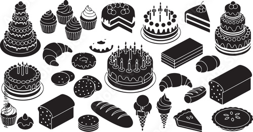 Black and white bakery dessert illustration collection