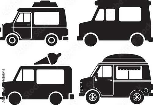 Food Truck Silhouette Set, Street Food Van Collection with Delivery and Catering Vehicles vector and illustration, black and white