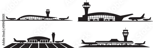 Airport Terminal and Airplane Silhouette Set, Aviation Infrastructure Skyline Collection with Control Tower and Aircraft Illustration