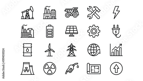 Collection of hand-drawn industry and energy icons with pump jack mining truck dump truck solar panel wind turbine gas station industry illustration lightning electricity renewable cogwheel