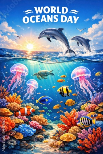 World Oceans Day colorful coral reef scene with dolphins