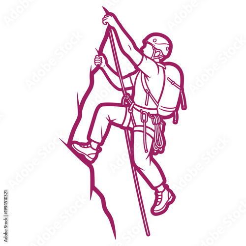 Climber ascending rugged mountain using ropes and harness showcasing adventure and determination