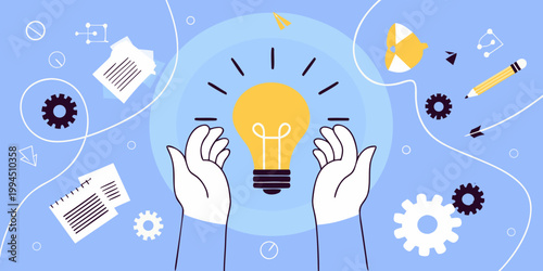 Hands cradling a glowing lightbulb with creative elements surrounding it