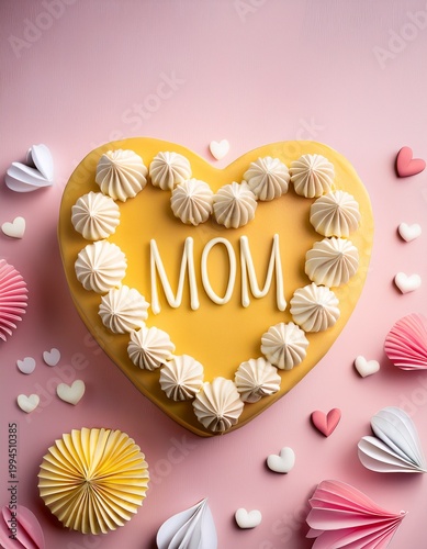 Mother's day concept. Top view of a cake in shape of a pale yellow heart with MOM on pink background with  meringues and pink origami  hearst and copy space
