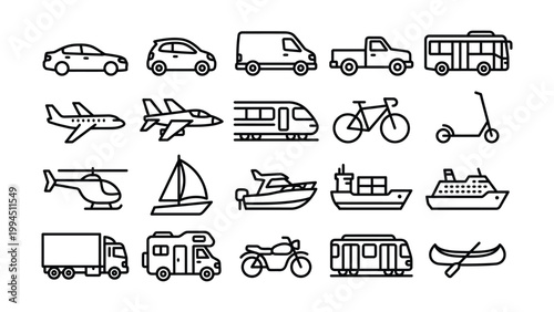 Set of hand-drawn transportation and vehicle icons with transport vehicles illustration airplane aeroplane helicopter rotorcraft sailboat semitruck campervan motorcycle streetcar mobility