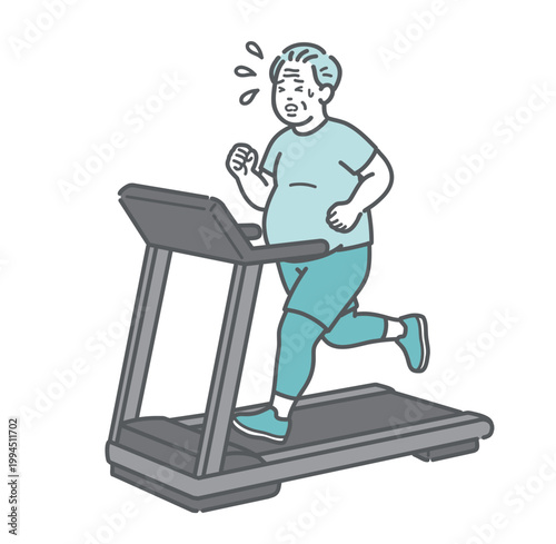 トレッドミルで辛そうに運動するぽっちゃり体型のシニア男性のイラスト