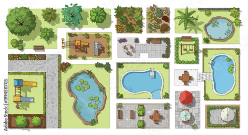 Landscape design elements top view, garden plan vector set with swimming pools and ponds, outdoor park furniture and playground equipment icons