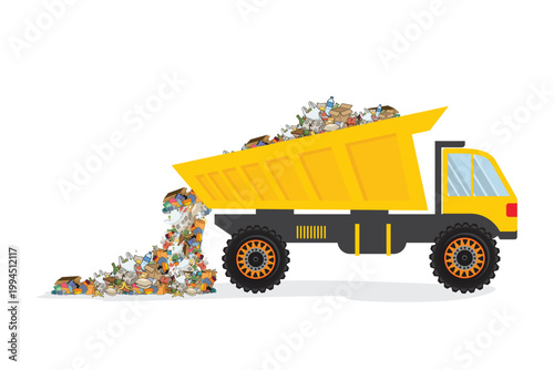 Garbage dump truck unloading waste, vector illustration isolated on white background.