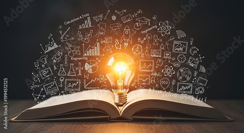 Glowing light bulb above open book with creative thinking icons
