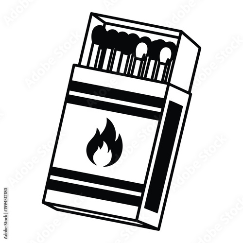 Black and white illustration of a matchbox with matches  simple design icon