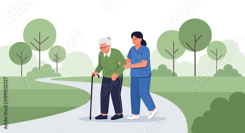 Nurse assisting elderly woman with cane walking in park, care and support concept
