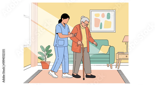 Nurse assisting elderly woman with cane walking at home, caregiving, support