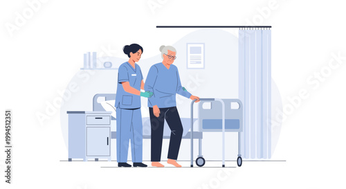 Nurse assisting elderly woman with walker in hospital room, healthcare concept