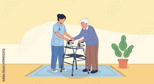 Nurse assisting elderly woman with walker, promoting mobility and care in a home setting
