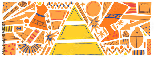 Terracotta Egypt cutout paper and geometric shape with pencil crayon pattern. Decorative Egypt collage text box and ancient pharaoh poster. Warm cutout vector set with nefertiti scarab, cat isolated.