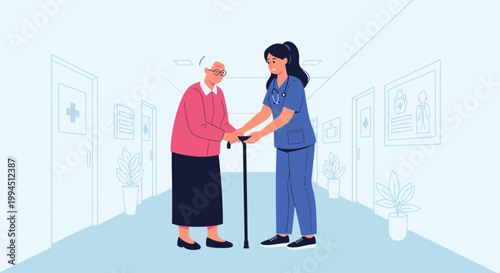Nurse assisting elderly woman with walking cane in hospital corridor