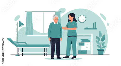 Nurse assisting elderly woman with walking cane in clinic room, rehabilitation concept