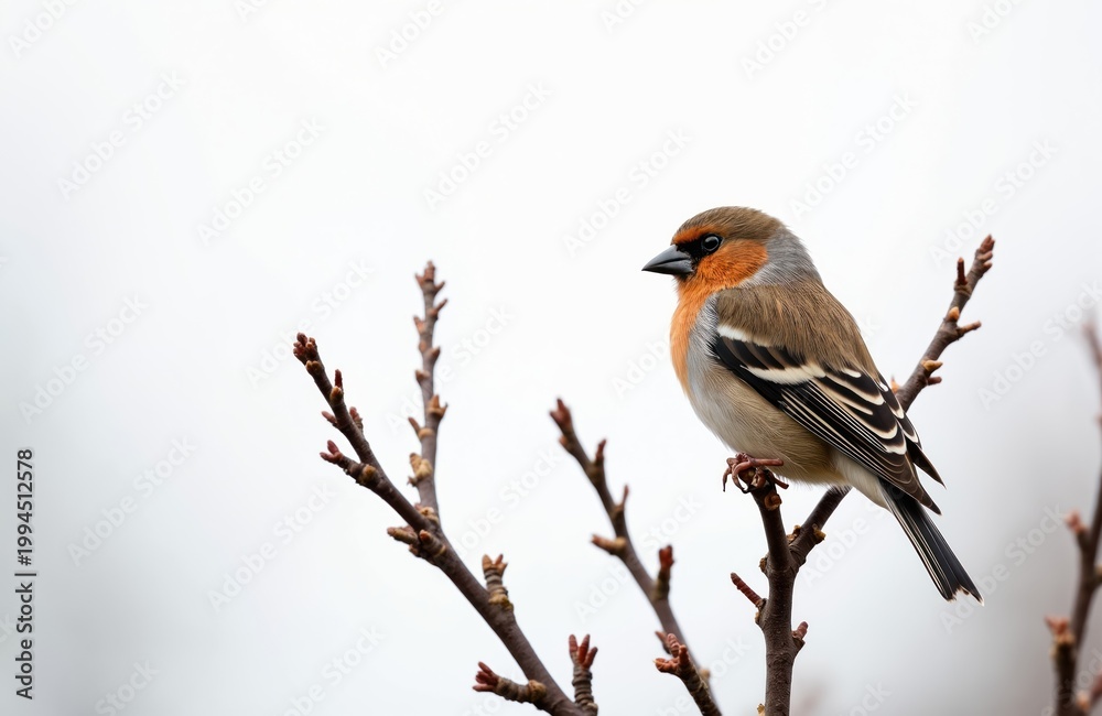 Fototapeta premium Common chaffinch bird sits on bare tree branch. Small songbird with orange chest and grey head surveys surroundings. White background highlights intricate feather details.