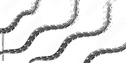 Black tire marks on road, Black rubber tire marks and tread marks, Tire trace track wheels texture and background, Auto tire tread grunge. Eps10