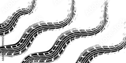 Black tire marks on road, Black rubber tire marks and tread marks, Tire trace track wheels texture and background, Auto tire tread grunge. Eps10