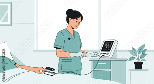 Nurse checking patient's vital signs with pulse oximeter and monitor in hospital room