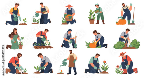 Large group of people actively gardening by planting seeds, watering plants, and harvesting vegetables in a community garden or farm setting.