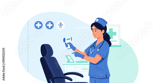 Nurse checking temperature with digital thermometer in clinic, medical examination room