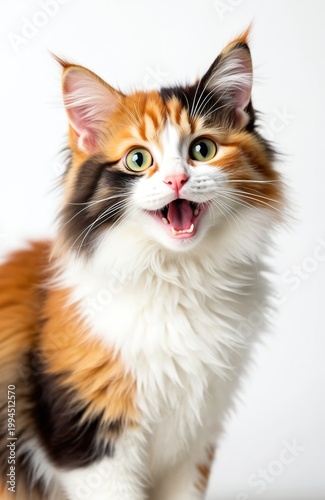 Fluffy calico cat with bright eyes and mouth open sits on white background. Playful feline looks surprised and happy, ready for action or a treat. Adorable pet with tri-color fur.