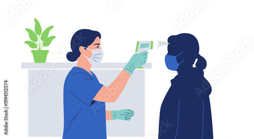 Nurse checking temperature with infrared thermometer, COVID-19 screening, healthcare, safety measures