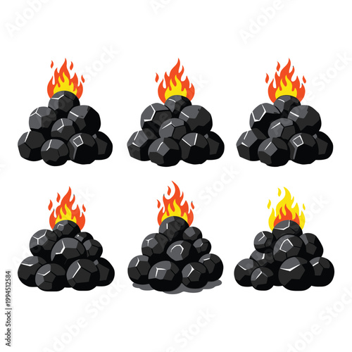 Pile of burning coal with flames on top  coal fire  burning coal piles icon