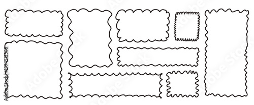 Thin rectangle frame with scallop edges. Organic text box and curvy photo frame shape. Thin wavy outline rectangle mirror border with pencil line on white. Vector scalloped cadre set for kindergarten.