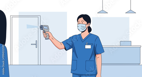 Nurse checking temperature with infrared thermometer at clinic entrance for COVID-19 screening