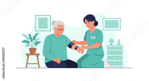 Nurse checks elderly patient's blood pressure at home, healthcare concept