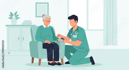Nurse checks elderly woman's blood pressure at home, healthcare, support, medical checkup