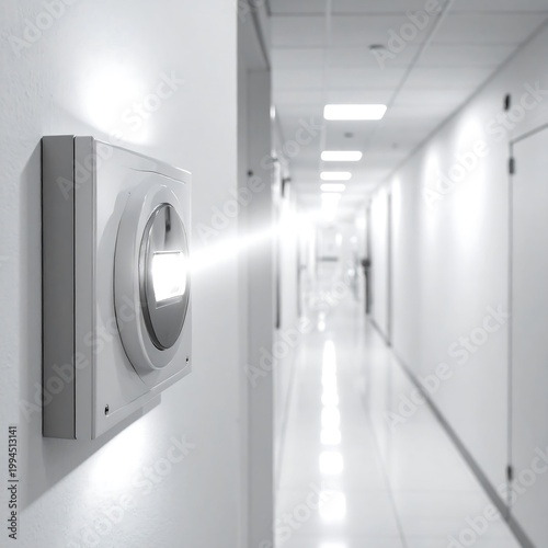 Modern hospital corridor with emergency light.