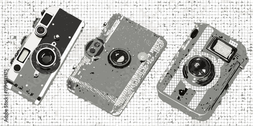Three vintage cameras illustrated with a halftone and grid background