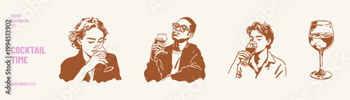 People drinking wine and cocktails relaxed social scenes. Illustrations for bar menu and nightlife visuals. Hand drawn sketch, pencil style with expressive simple lines.