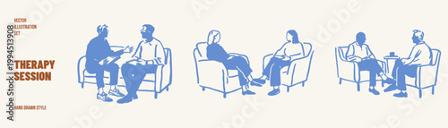 Therapy session conversation between psychologist and patient set. Illustrations for mental health content and counseling materials. crayon drawn sketch, pencil style with simple expressive lines.