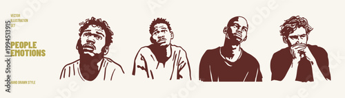 Male emotions set confused thinking doubtful expressive faces. Illustrations for psychology themes and storytelling visuals. Hand drawn sketch, pencil style with detailed natural strokes.