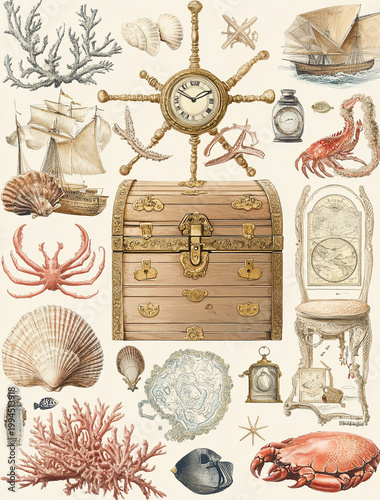 Vintage Nautical Wonders Collection: Antique Treasure Chest, Sea Shells, Corals, and Maritime Curiosities Illustrations on Aged Background