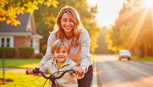 Happy woman assisting young boy on bicycle in autumn neighborhood  
