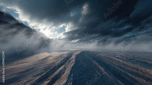 powerful katabatic winds sweeping across Antarctic valley, dust and ice particles flying violently, hyper-realistic motion, dram 