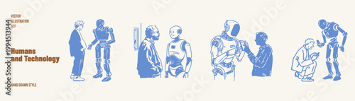 Human interacting with robot communication futuristic technology set. Illustrations for tech branding and artificial intelligence content. Hand drawn sketch, pencil style with clean minimal lines.