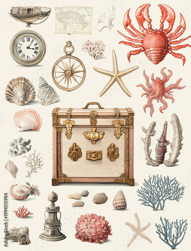 Vintage Nautical Collection: Antique Treasure Chests, Sea Shells, Corals, and Maritime Curiosities in Victorian Illustration Style