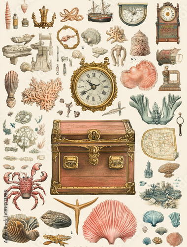 Vintage Nautical Wonders Collection: Antique Treasure Chest, Sea Shells, Corals, and Maritime Curiosities Illustrations on Aged Background